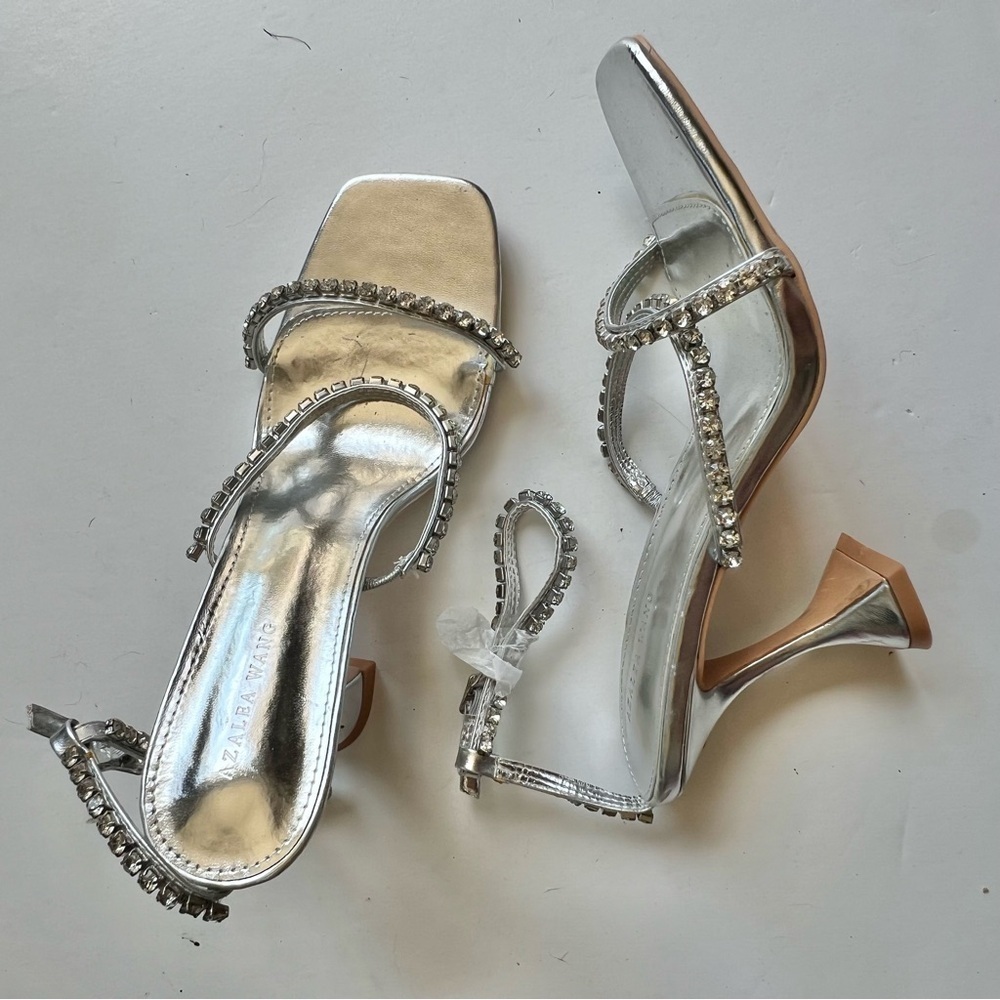Azalea Wang Rhinestone Ankle Wrap Silver Dress Sandal nwot - Picture 6 of 8